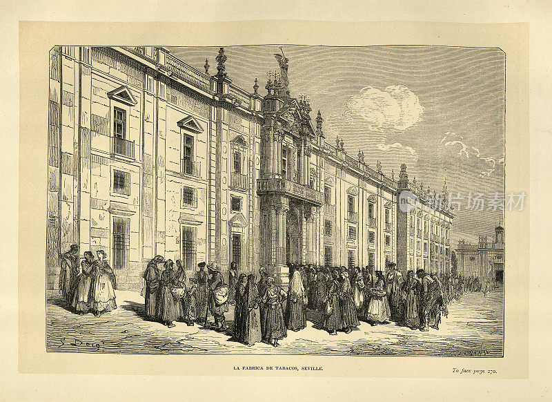 Workers outside the Fábrica de Tabacos de Sevilla, Royal Tobacco Factory, Seville, Spain, 19th Century, Spanish history architecture historic landmarks